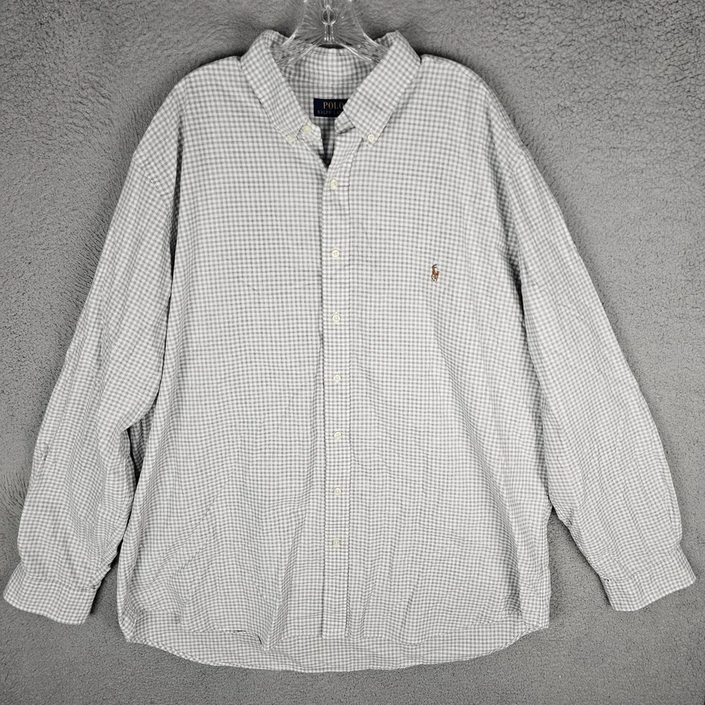 Polo Ralph Lauren Shirt Mens 2XLT Grey Gingham Check Button Down Long Sleeve